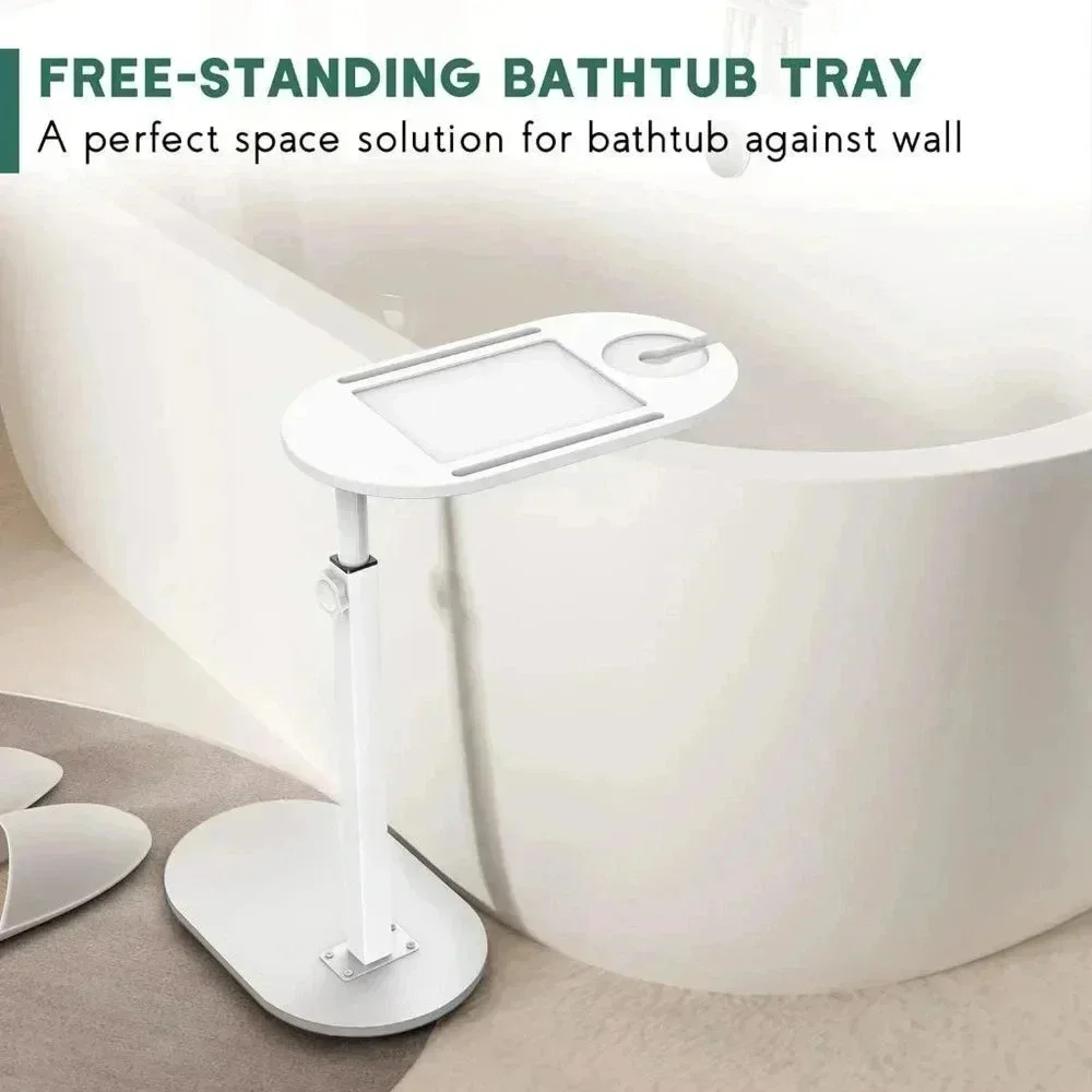 White Bathtub Tray Table Adjustable Height, Freestanding Bath Caddy bathroom